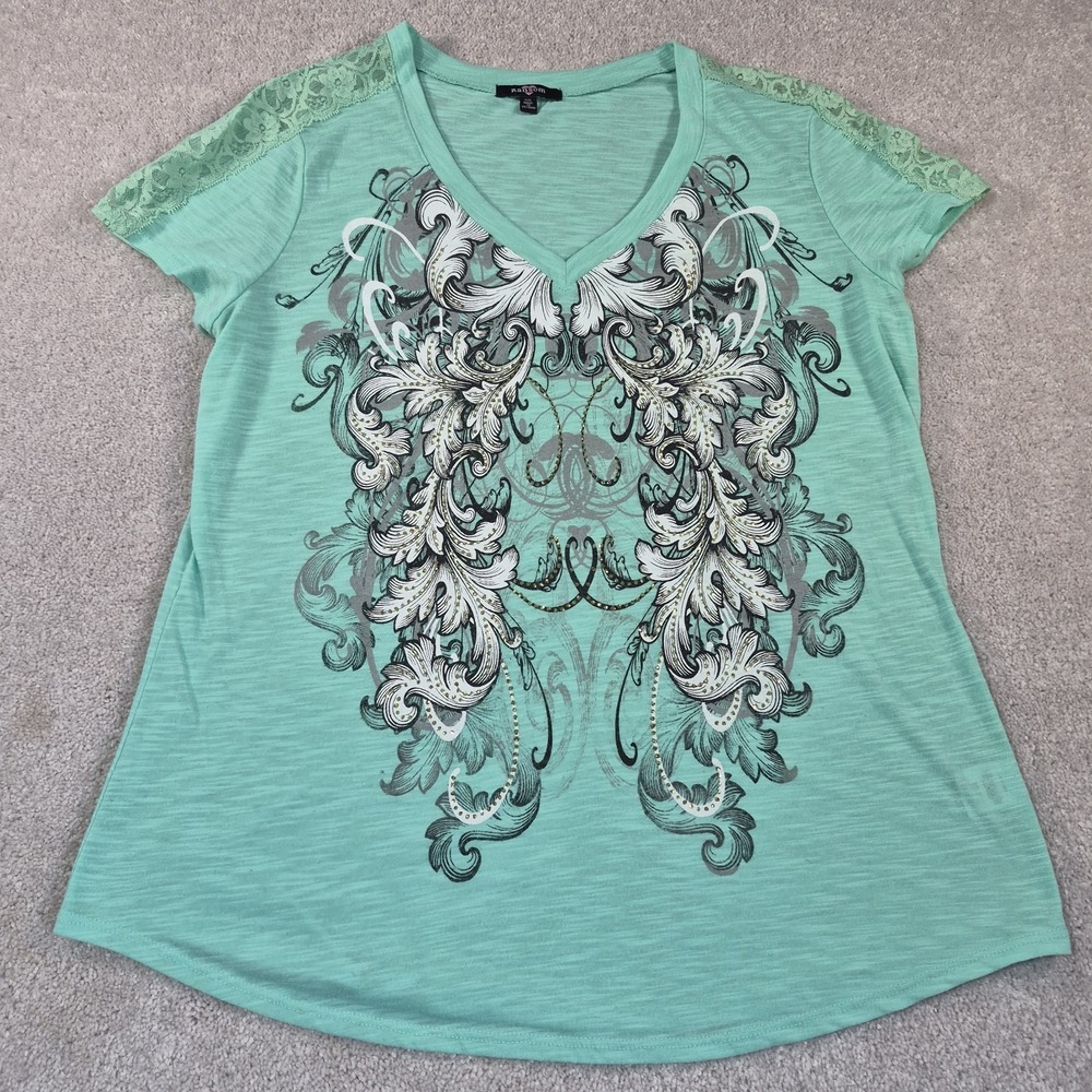 Y2K Ransom Graphic Mint Green Print Edgy Grunge Size XxL Lace Shoulder V-Neck